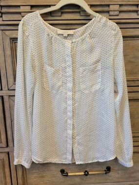 LOFT Cream Button-Front Printed Long Sleeve Blouse